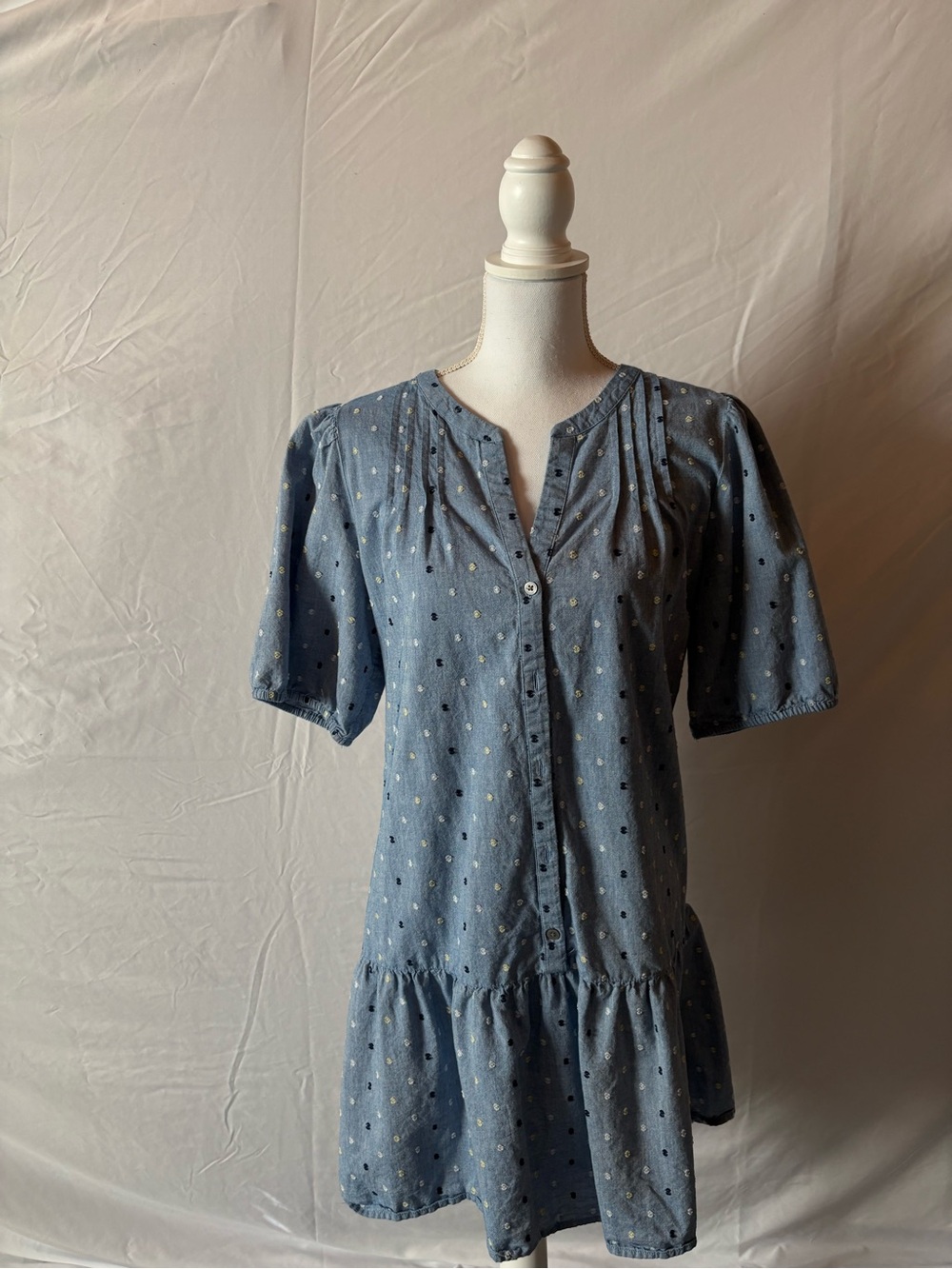 LOFT Light Blue Polka Dot Tiered Button Dress